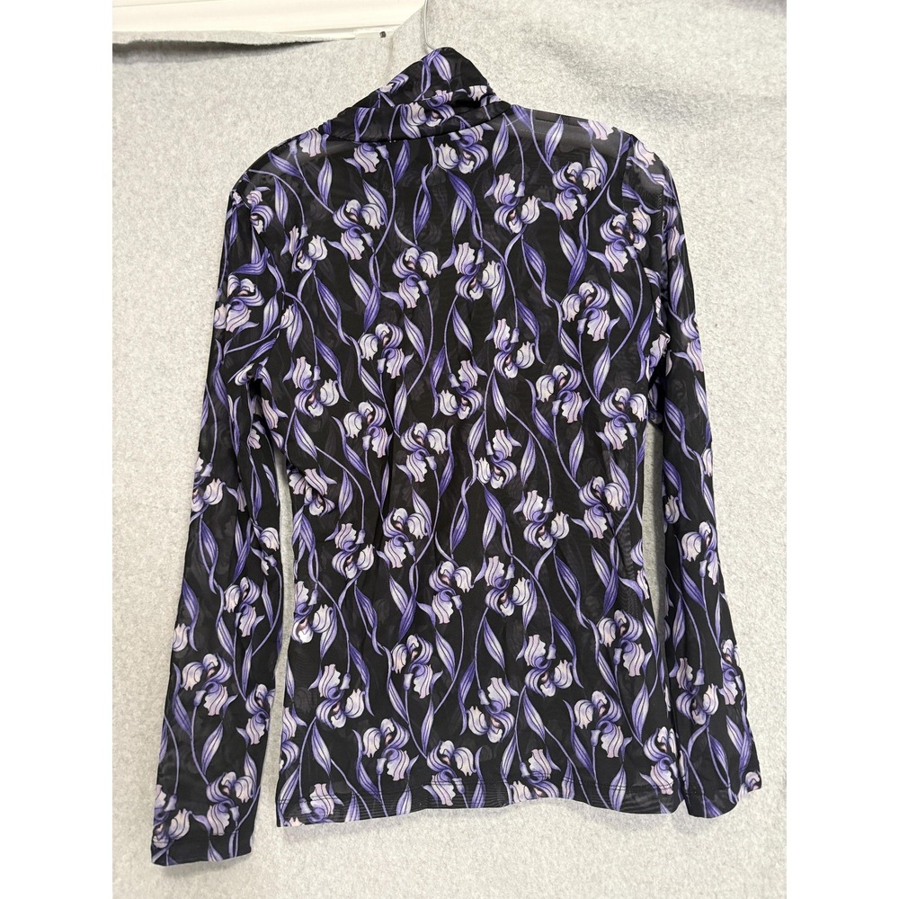 White House Black Market Shirt Womens S Black Sheer Mesh Floral Turtleneck Top
